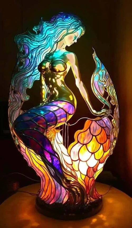 Intricate stained glass animal lamp, unique decorative piece for tables or shelves.