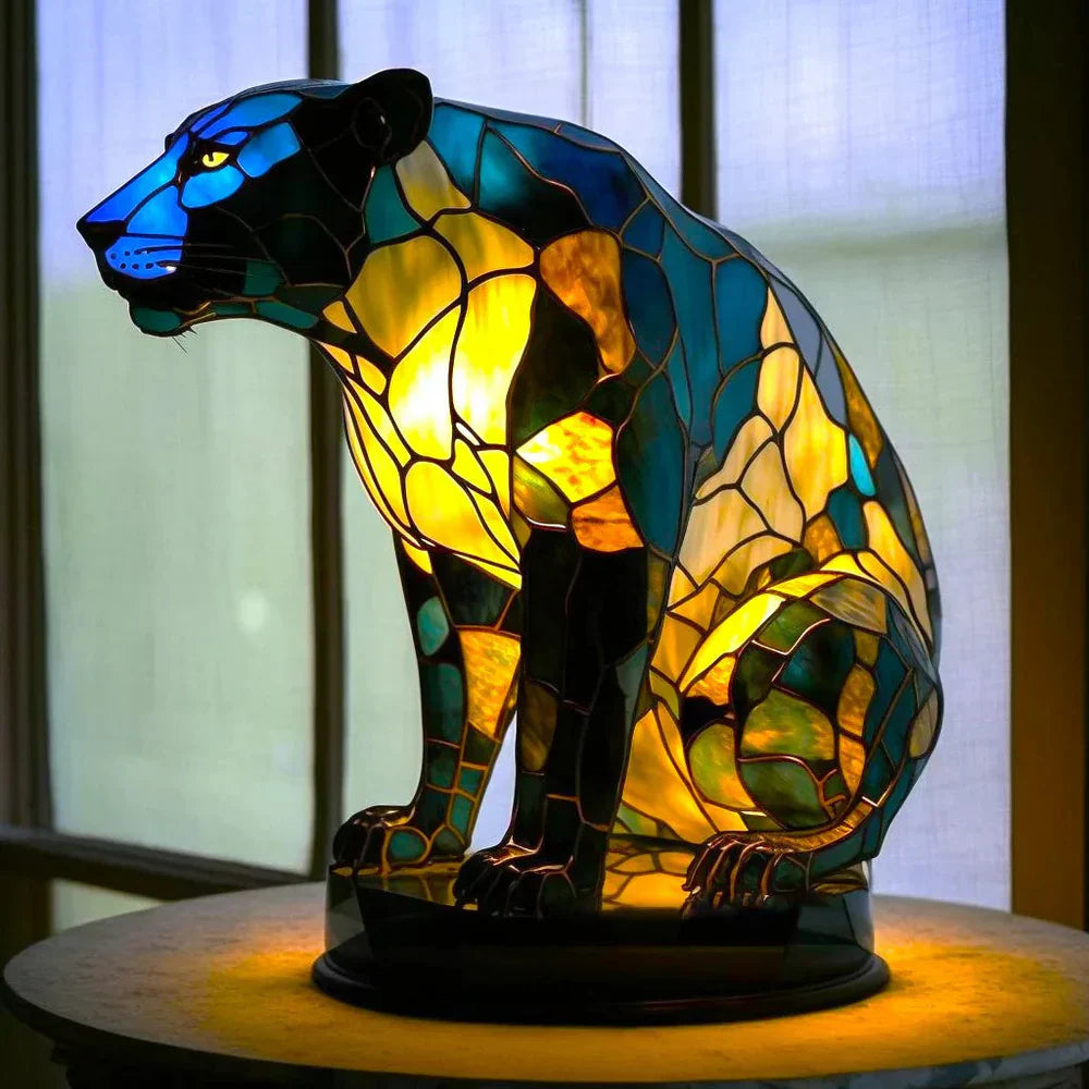 Decorative peacock stained glass lamp, intricate design, ambient lighting for living rooms.