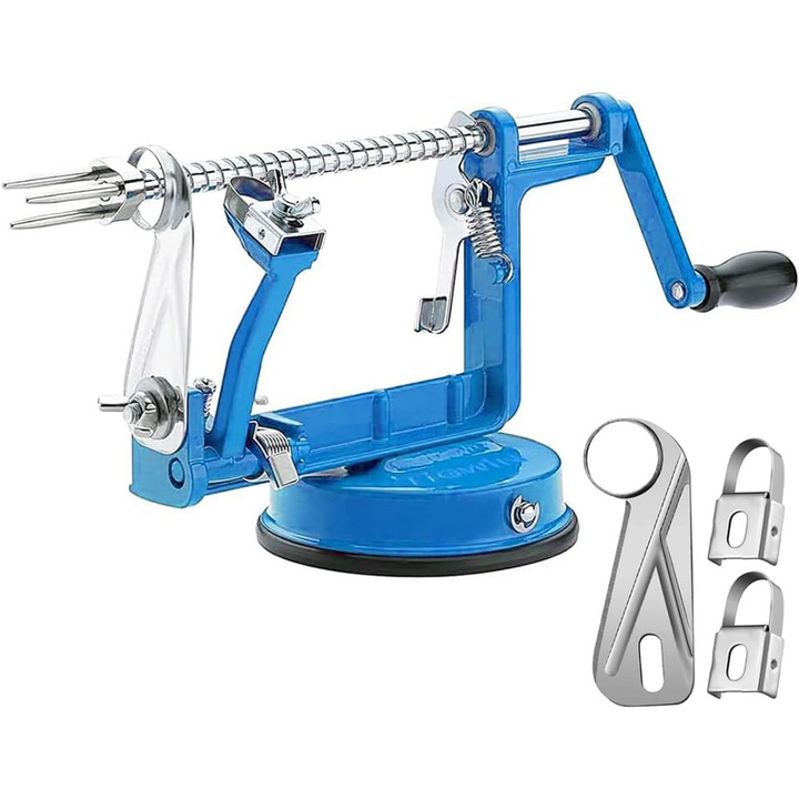 Versatile automatic apple peeler, corer, and slicer tool for quick kitchen food prep.