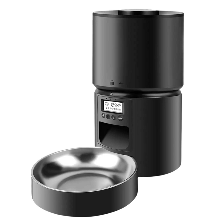 "Automatic cat feeder dispensing kibble with timer and voice recording feature for timely pet meals."