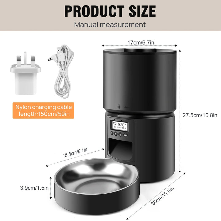 "Automatic cat feeder dispensing kibble with timer and voice recording feature for timely pet meals."