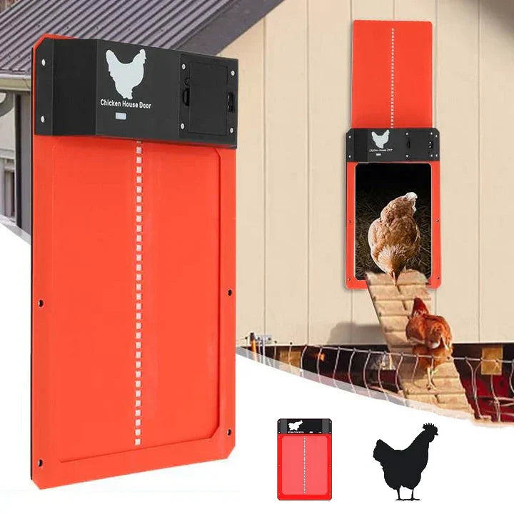 Automatic chicken coop door with light sensor, weatherproof brown frame; opens/closes by itself, protects from predators.