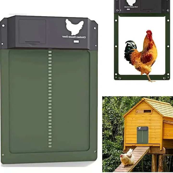 Automatic chicken coop door with light sensor, weatherproof brown frame; opens/closes by itself, protects from predators.