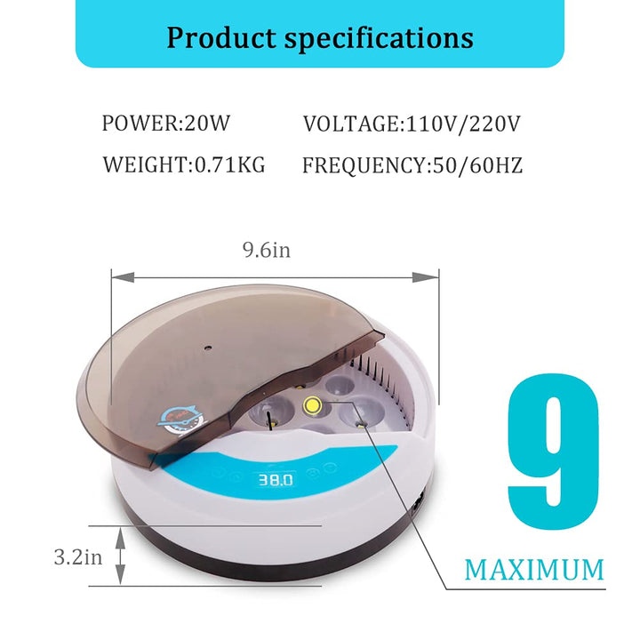 "Automatic LED egg incubator with temperature control, featuring digital display and eco-friendly ABS materials."