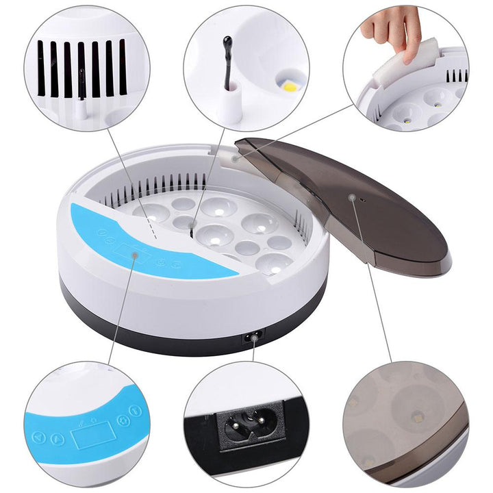 "Automatic LED egg incubator with temperature control, featuring digital display and eco-friendly ABS materials."