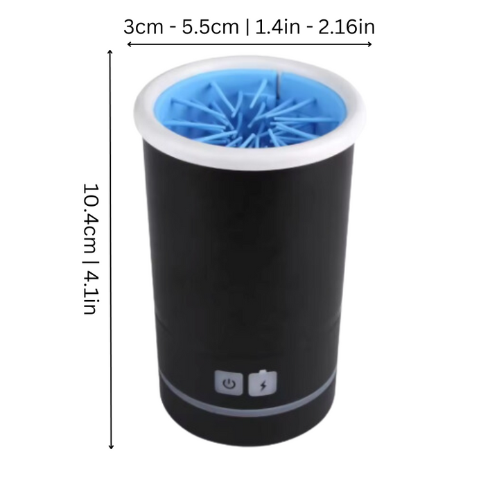"Automatic pet paw washer with rotating bristles, cleans paws gently, USB rechargeable, available in sizes S, M, L."