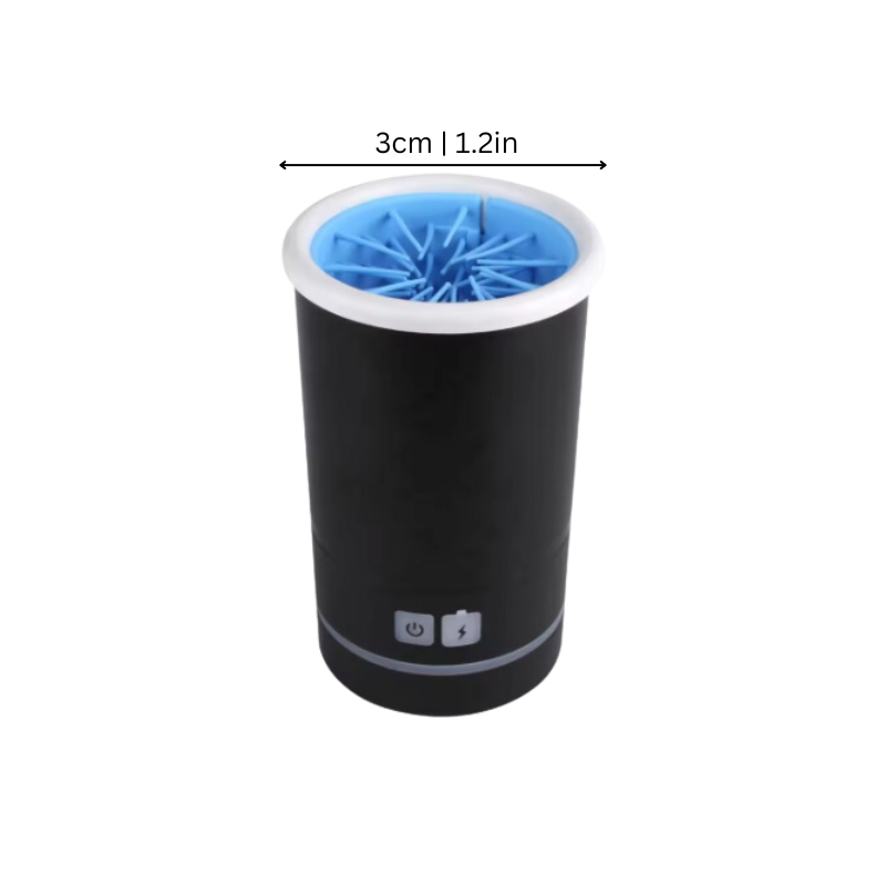 "Automatic pet paw washer with rotating bristles, cleans paws gently, USB rechargeable, available in sizes S, M, L."