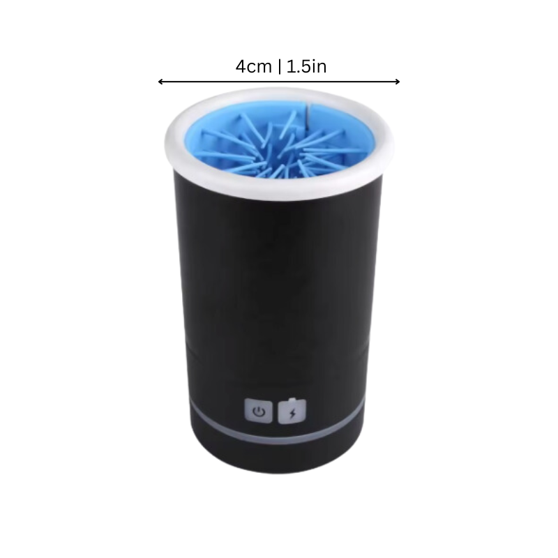 "Automatic pet paw washer with rotating bristles, cleans paws gently, USB rechargeable, available in sizes S, M, L."