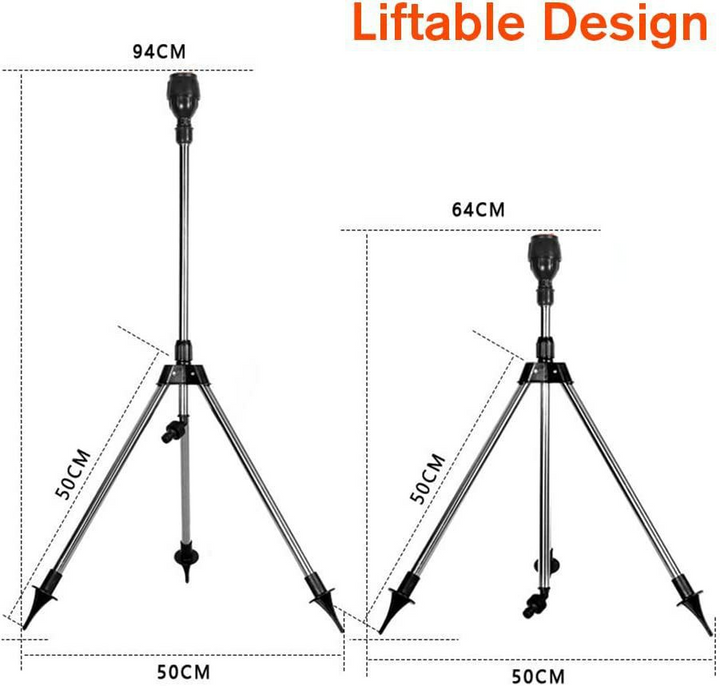 Automatic rotating garden sprinkler with adjustable tripod for customizable height, perfect for even water distribution.