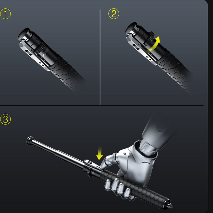 "Automatic self-defense walking stick for urban safety with one-click deploy, anti-slip grip, and lightweight alloy design."