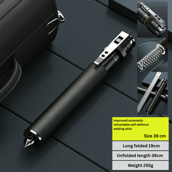 "Automatic self-defense walking stick for urban safety with one-click deploy, anti-slip grip, and lightweight alloy design."