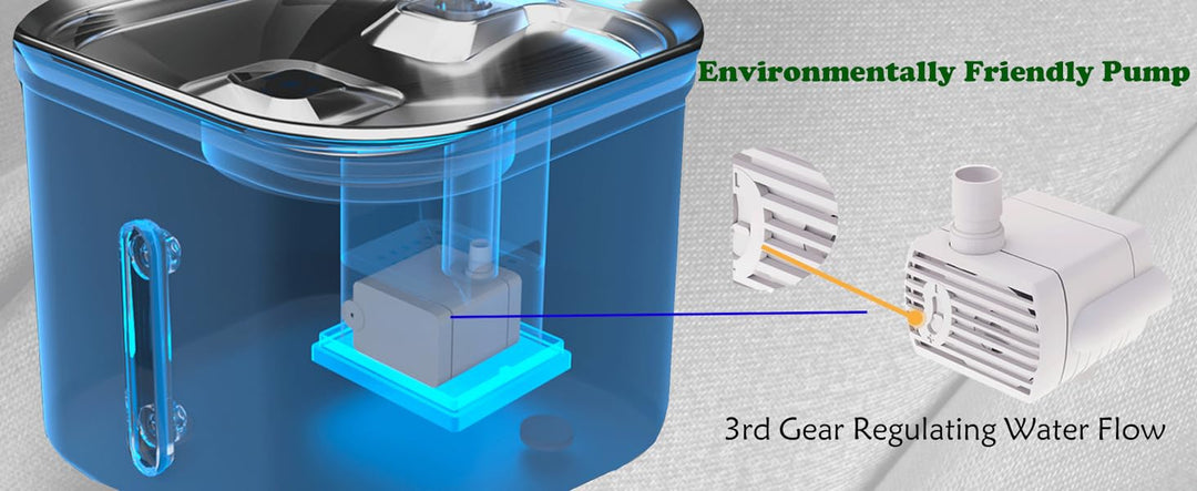 "Automatic stainless steel cat water fountain with triple filtration, quiet pump, and adjustable flow for pet hydration."