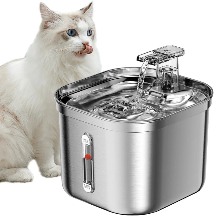 "Automatic stainless steel cat water fountain with triple filtration, quiet pump, and adjustable flow for pet hydration."