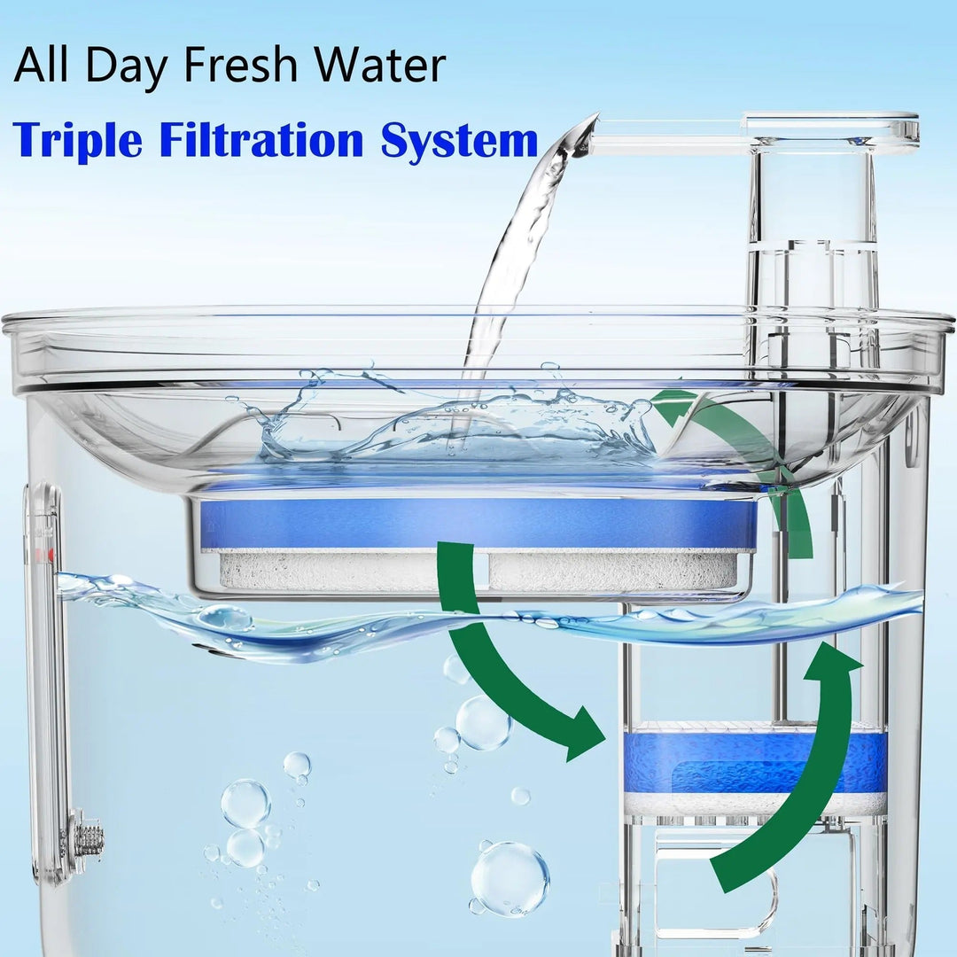"Automatic stainless steel cat water fountain with triple filtration, quiet pump, and adjustable flow for pet hydration."