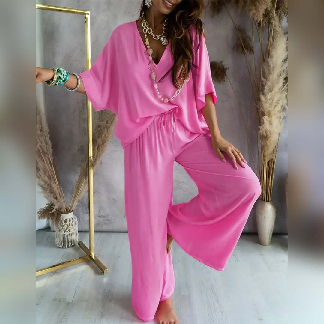 Women's 2-Piece Casual V-Neck Top and Trousers Set