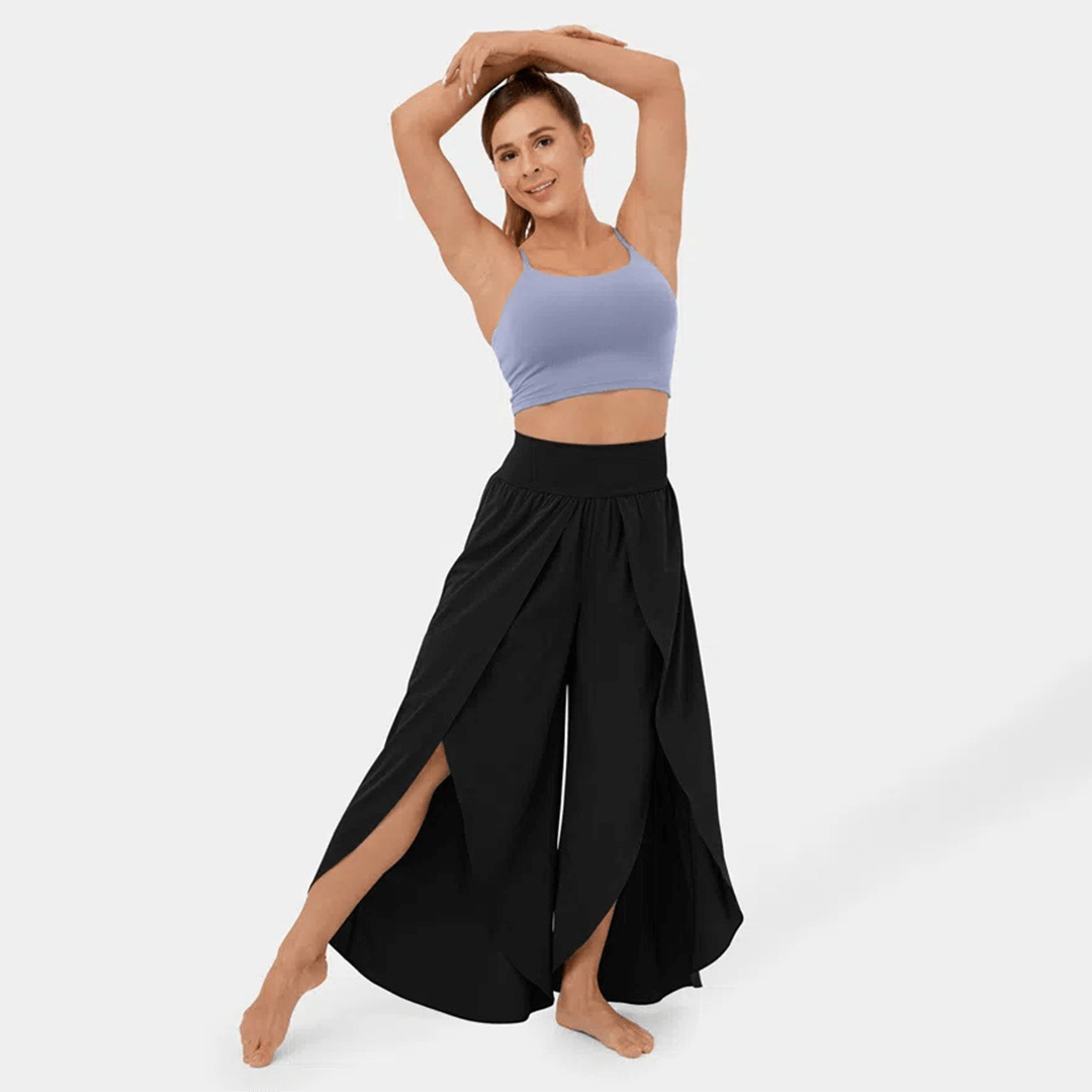 Flared Casual Trousers - High-Waisted Split Hem