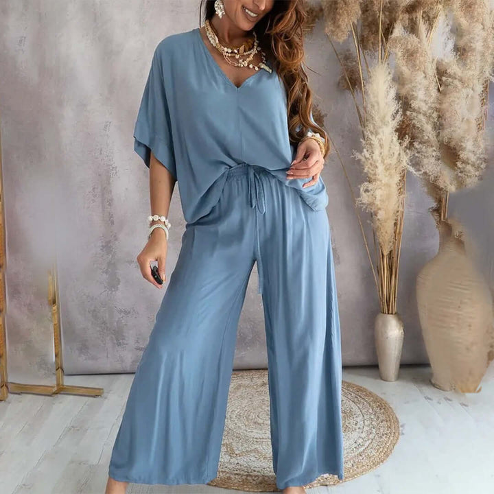 Women's 2-Piece Casual V-Neck Top and Trousers Set