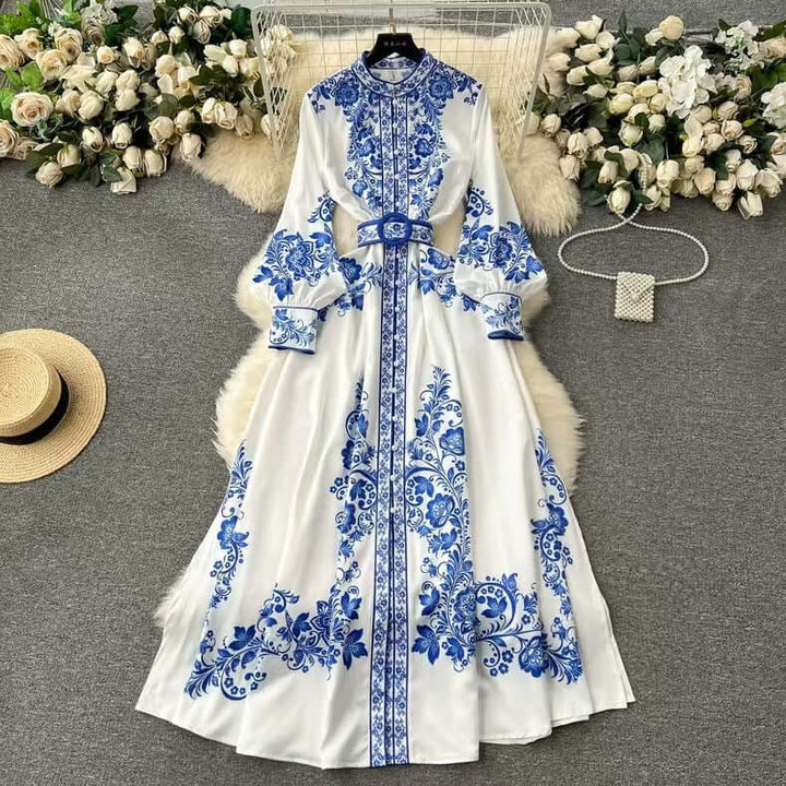 Printed Belted Flare Midi Dress