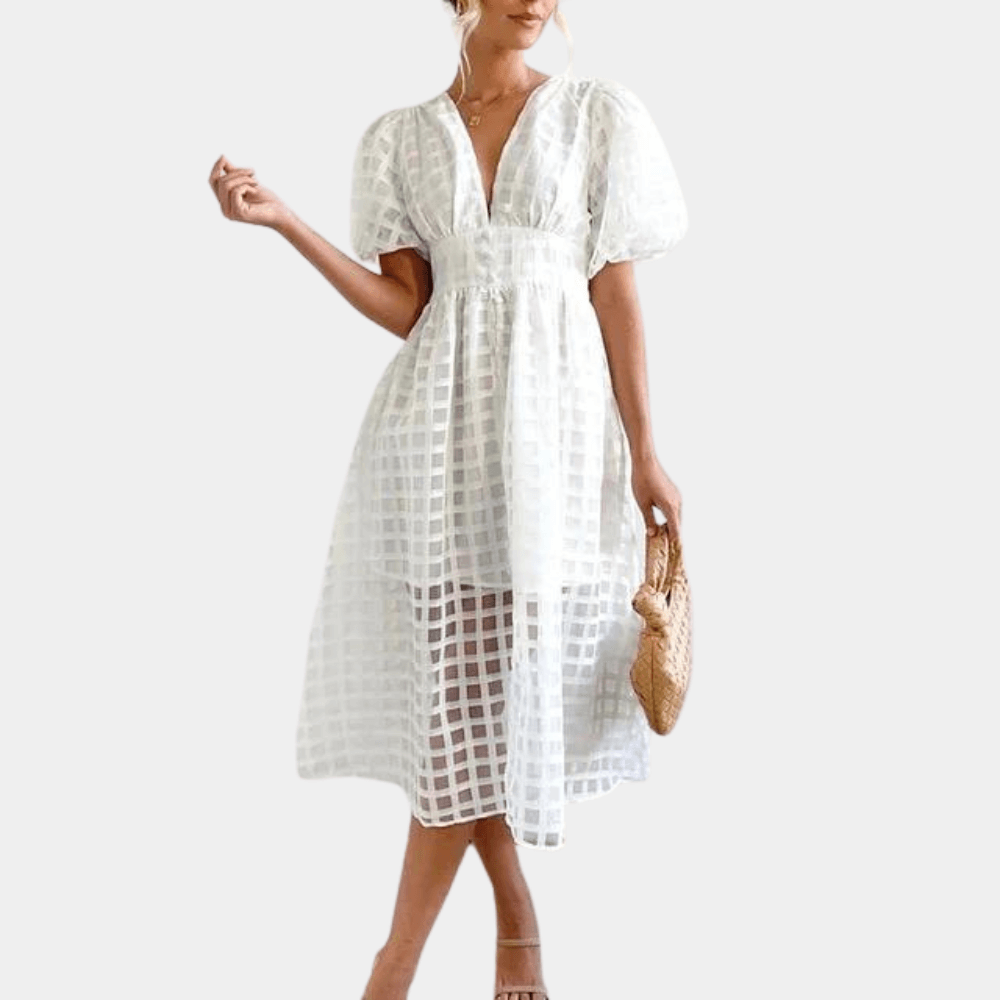 Checkered Sheer Midi Dress with Puff Sleeves - Women's
