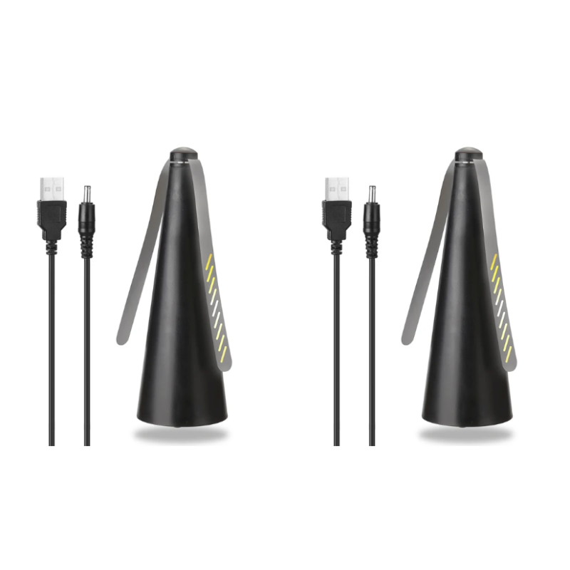 "Battery-operated fly repellent fan with sleek design for alfresco dining, featuring innovative light-bending technology."