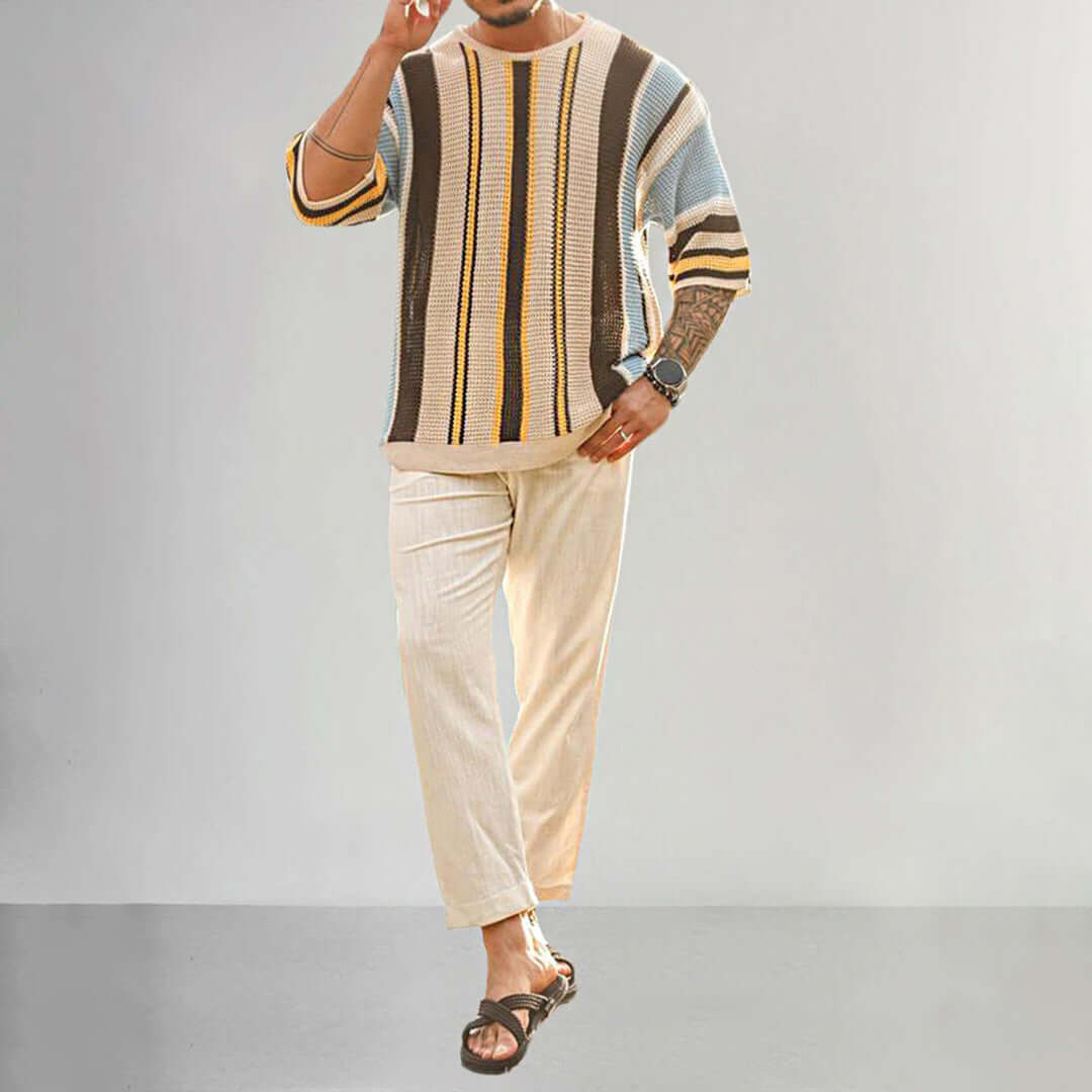 Men's Striped Knitted Sweater - Short Sleeve