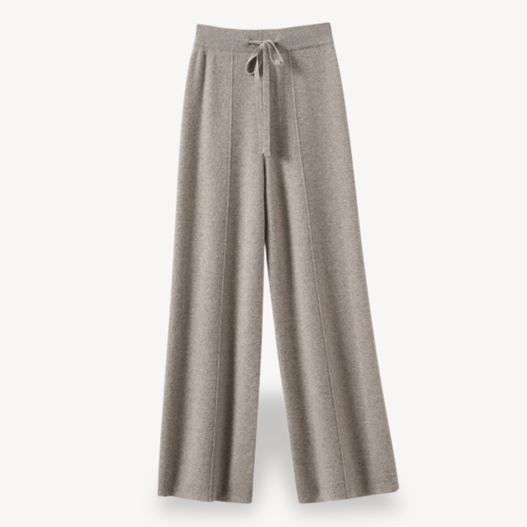 Beige cashmere wide-leg pants for women, offering comfort and style with a relaxed fit and drawstring adjustable waist.