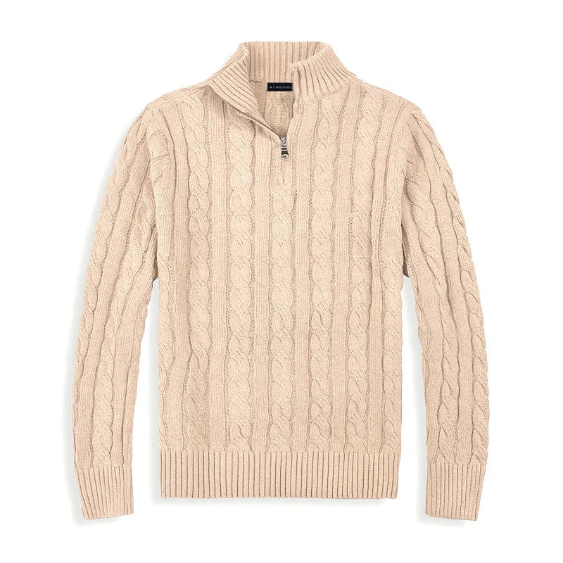 Beige men's half-zip cotton sweater with high collar, front view. Features ribbed edges and luxurious soft fabric.