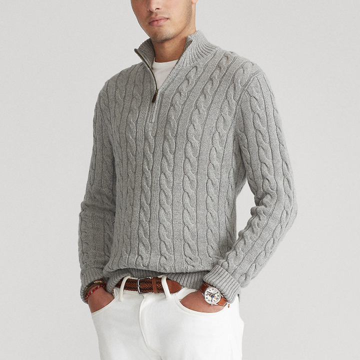 Beige men's half-zip cotton sweater with high collar, front view. Features ribbed edges and luxurious soft fabric.
