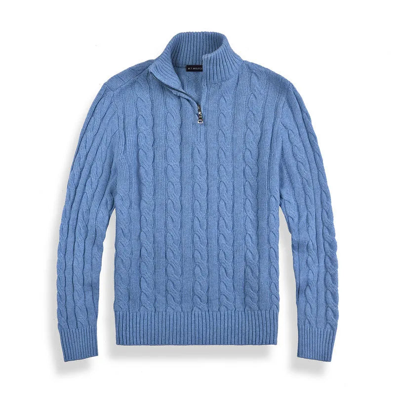Beige men's half-zip cotton sweater with high collar, front view. Features ribbed edges and luxurious soft fabric.