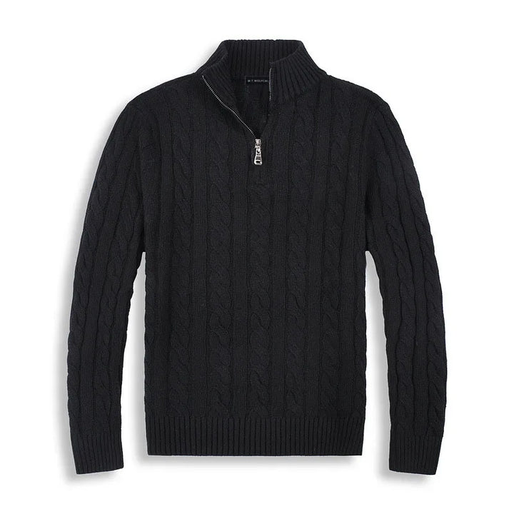 Beige men's half-zip cotton sweater with high collar, front view. Features ribbed edges and luxurious soft fabric.