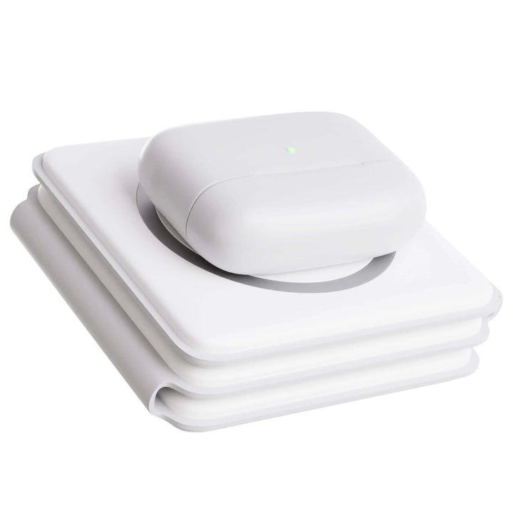 "Black 3-in-1 foldable wireless charger for iPhone, Apple Watch, AirPods; compact, sleek design for easy portability."