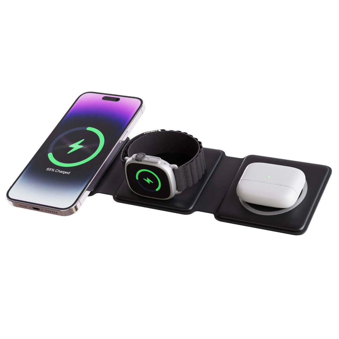 "Black 3-in-1 foldable wireless charger for iPhone, Apple Watch, AirPods; compact, sleek design for easy portability."