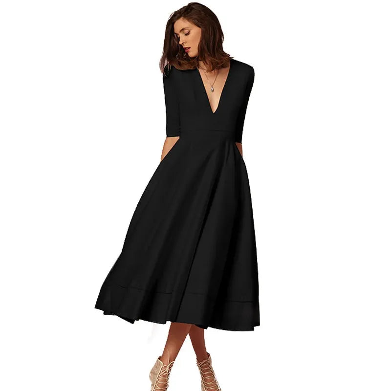 "Black A-Line V-Neck Short Sleeve Mini Dress for Spring/Summer, women's flattering silhouette, breezy and elegant style."