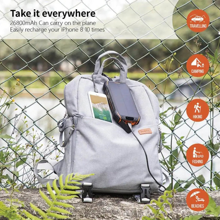 "Black and orange portable solar power bank for outdoor use, showcasing sleek design and multiple charging ports."