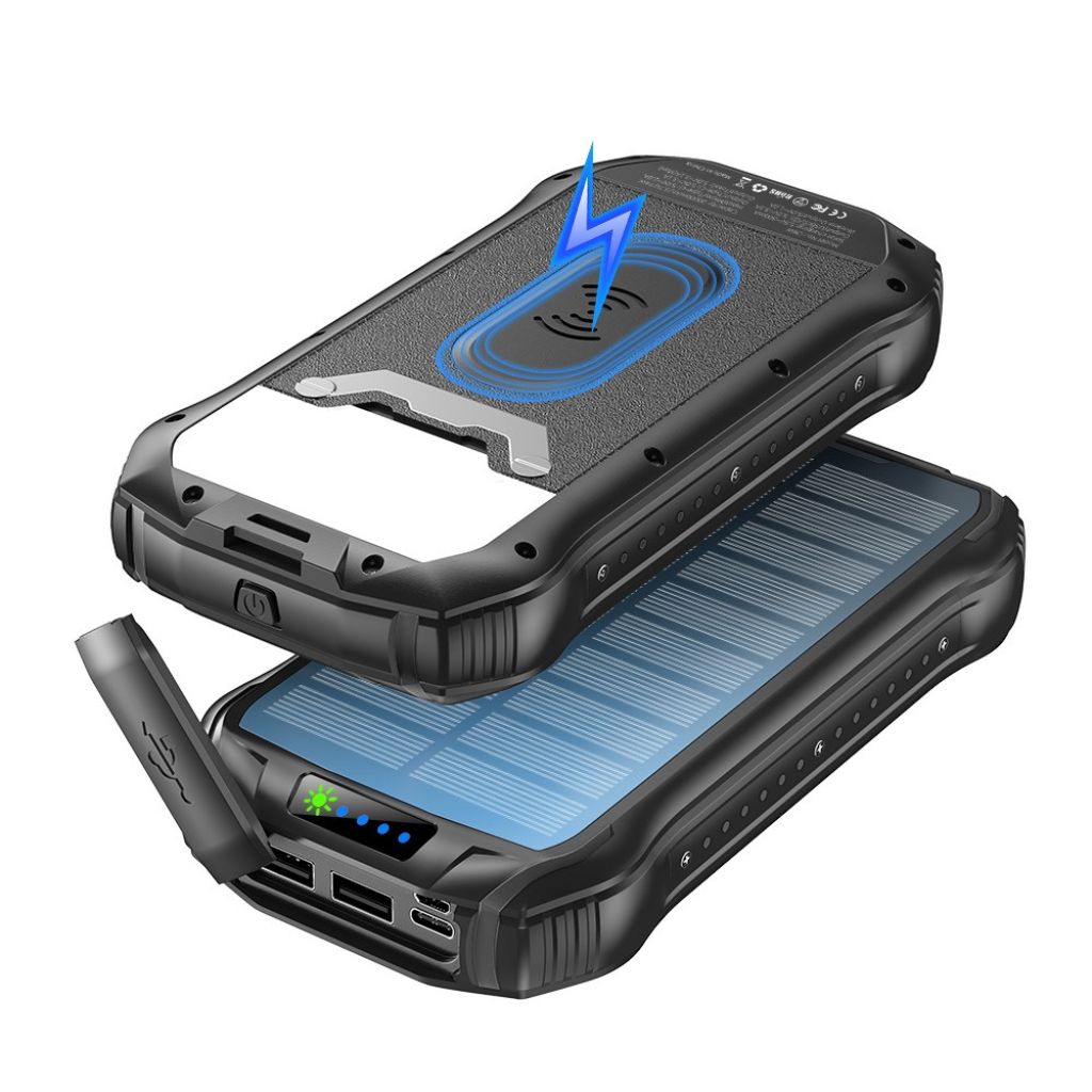 "Black and orange portable solar power bank for outdoor use, showcasing sleek design and multiple charging ports."