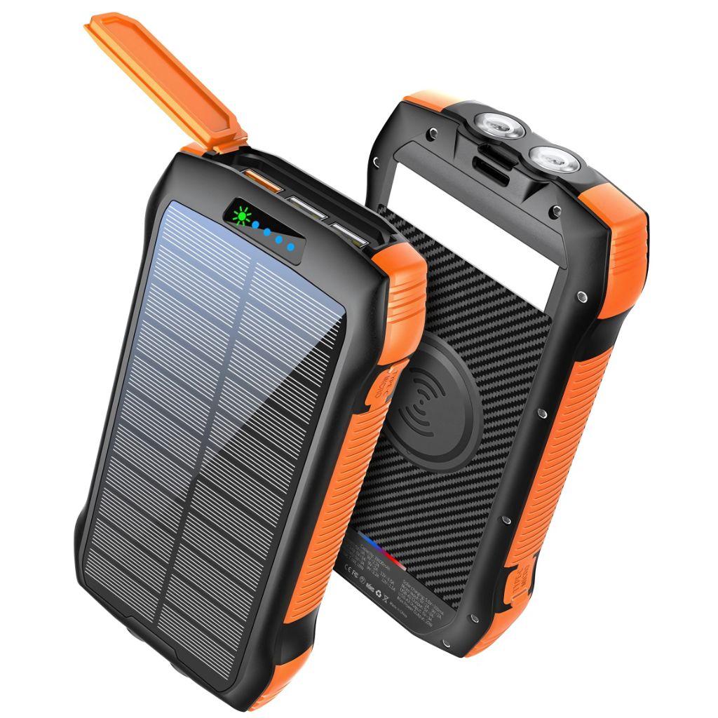 "Black and orange portable solar power bank for outdoor use, showcasing sleek design and multiple charging ports."