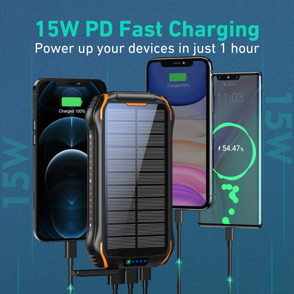 "Black and orange portable solar power bank for outdoor use, showcasing sleek design and multiple charging ports."