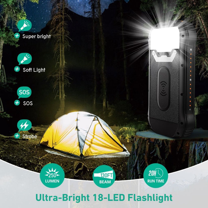 "Black and orange portable solar power bank for outdoor use, showcasing sleek design and multiple charging ports."