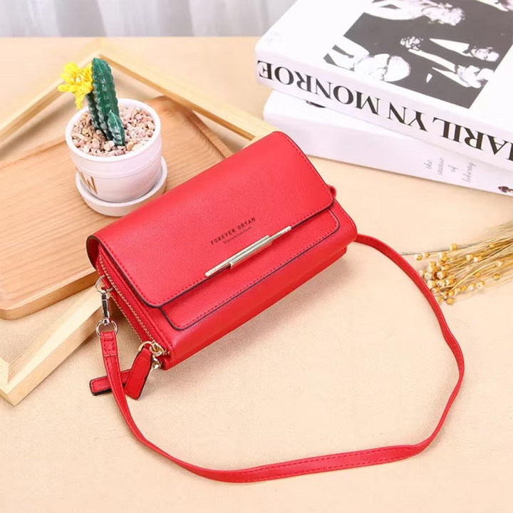Red leather women's fashion crossbody, a trendy wallet bag with an adjustable, comfortable strap.