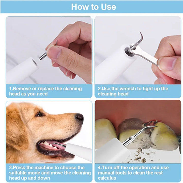 "Black pet dental tool kit for dogs and cats, ultrasonic cleaning, promotes oral hygiene and fresh breath, easy USB recharge.