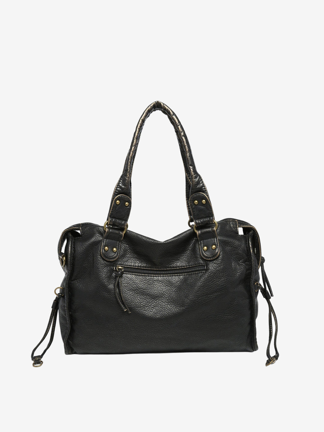 "Black vegan leather shoulder bag for women with elegant design, adjustable strap, and secure closures, perfect for daily use