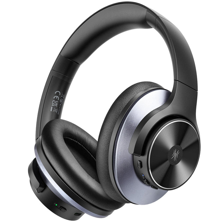 Black wireless over-ear headphones with Bluetooth and hybrid active noise cancellation, featuring memory foam earcups and USB