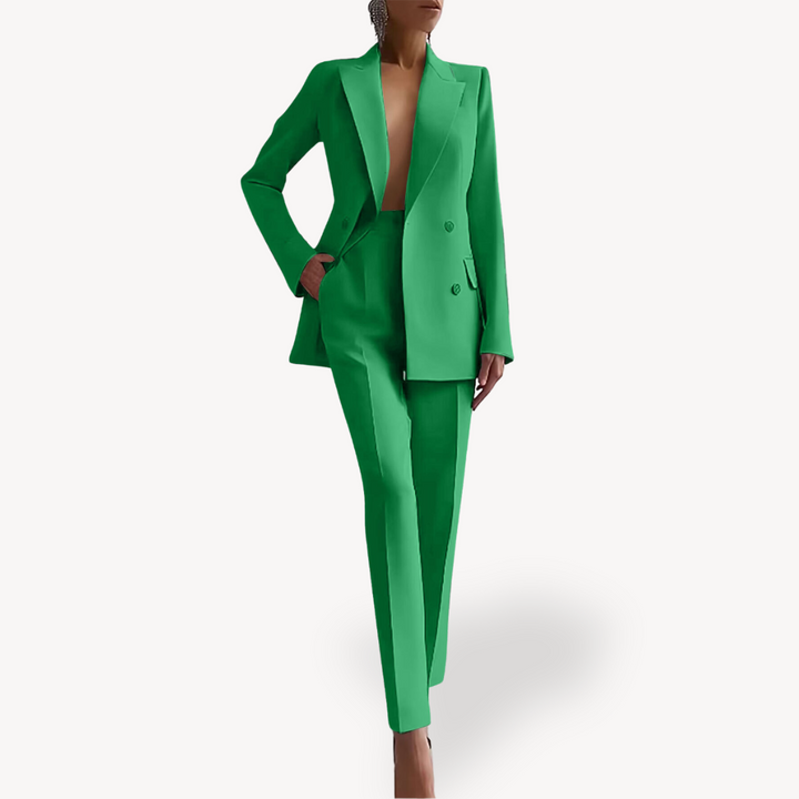 Black Women's Blazer Suit featuring double-breasted blazer and high-waisted trousers, perfect for formal occasions.