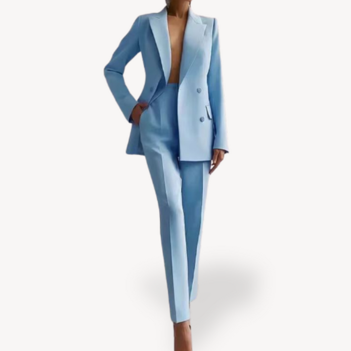 Black Women's Blazer Suit featuring double-breasted blazer and high-waisted trousers, perfect for formal occasions.