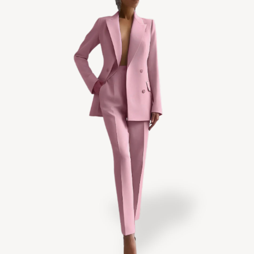 Black Women's Blazer Suit featuring double-breasted blazer and high-waisted trousers, perfect for formal occasions.
