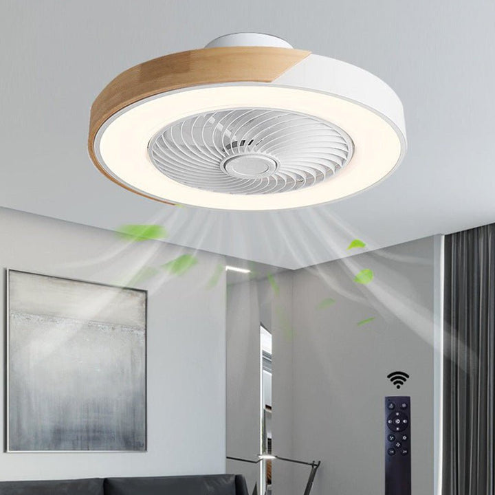 "Bladeless ceiling fan light with remote, sleek circular design, integrated LED, suitable for modern and farmhouse decor."