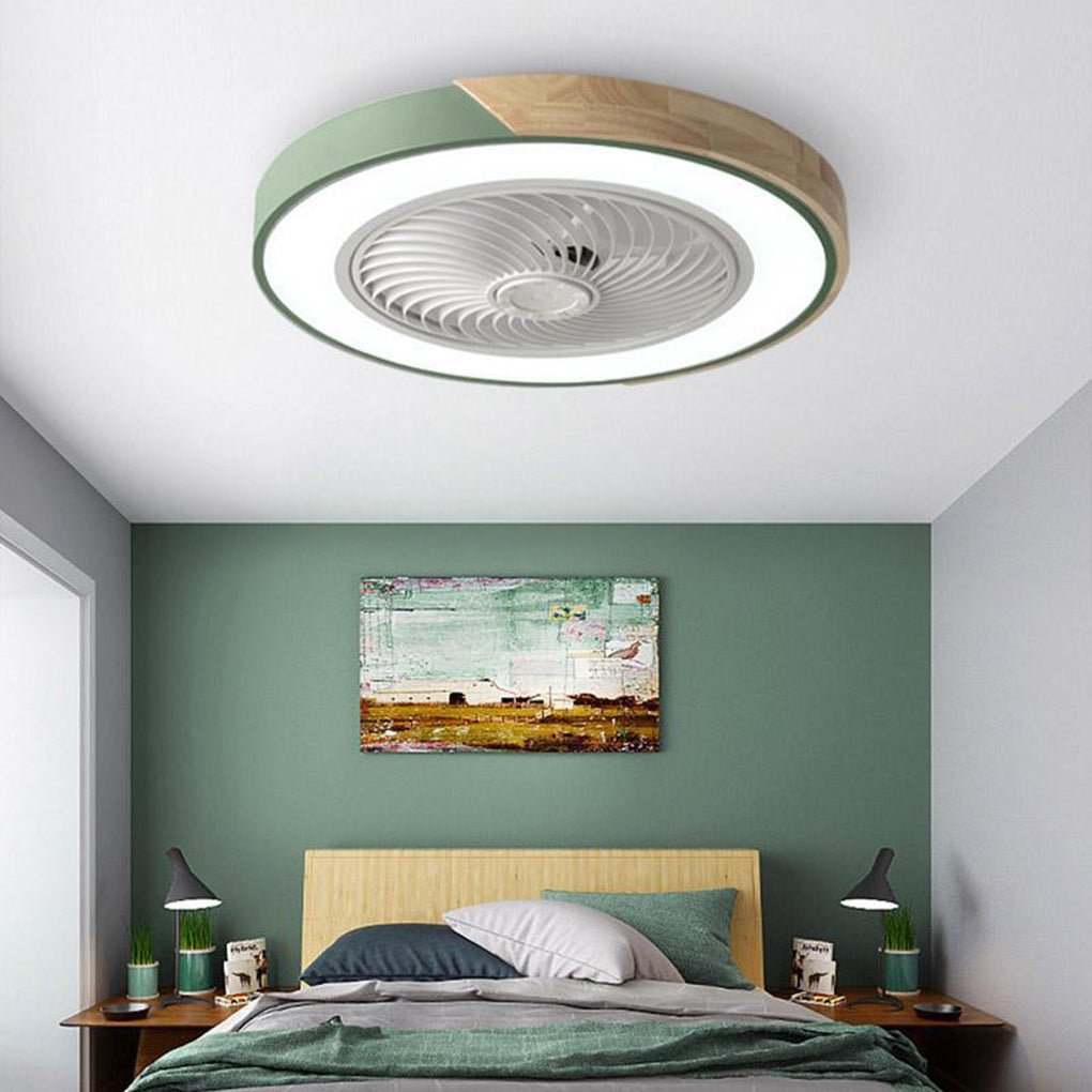 "Bladeless ceiling fan light with remote, sleek circular design, integrated LED, suitable for modern and farmhouse decor."