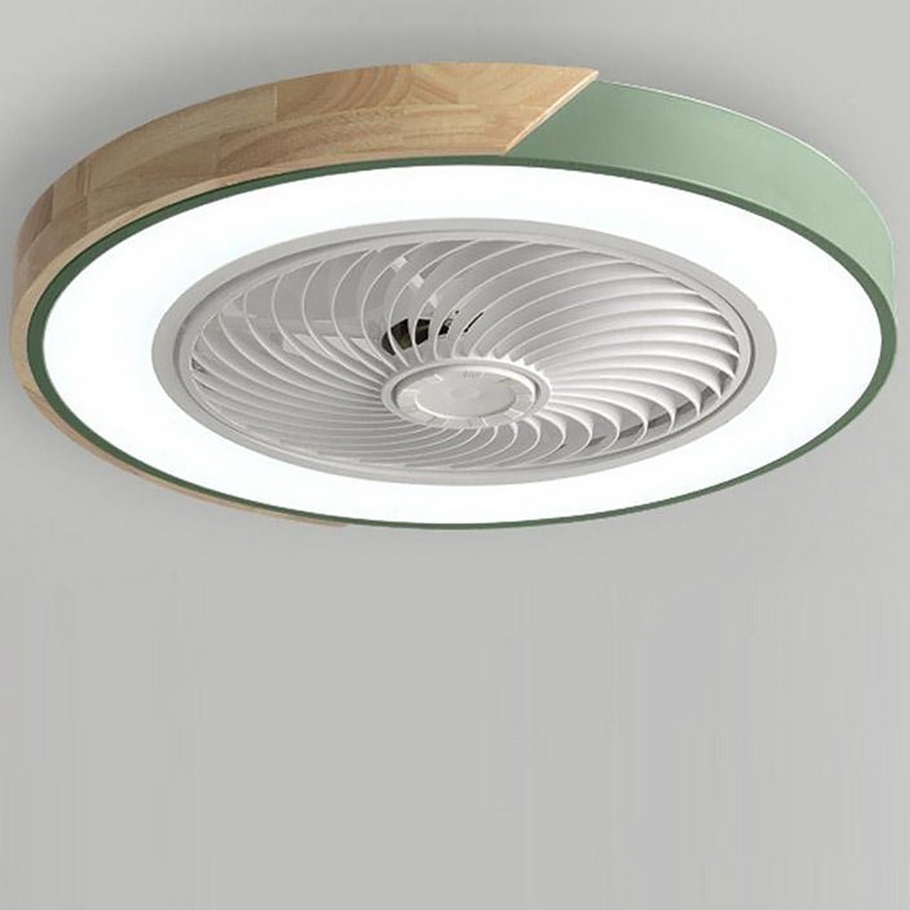 "Bladeless ceiling fan light with remote, sleek circular design, integrated LED, suitable for modern and farmhouse decor."