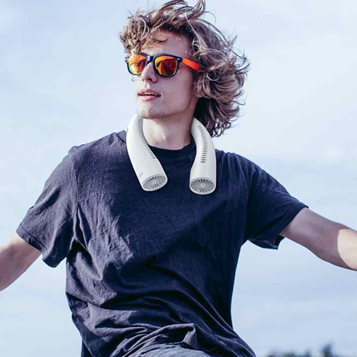 Bladeless portable neck fan, light blue and white, hands-free silent cooling with sleek design and built-in lights.