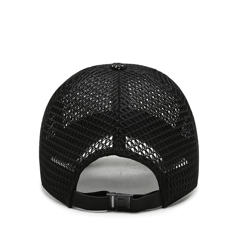 Blue breathable mesh adjustable baseball cap, top view, showcasing lightweight construction for men's outdoor comfort.